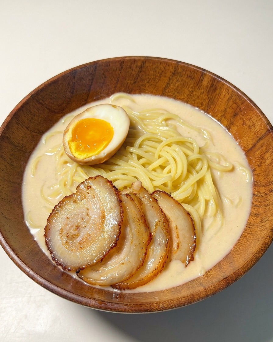 A bowl of ramen topped with chashu pork and a halved soft-boiled egg with a bright orange yolk.