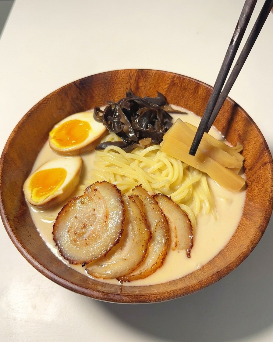 Chopsticks placing pale bamboo shoots into a wooden bowl of ramen alongside wood ear mushrooms, sliced pork belly, and soft-boiled eggs.