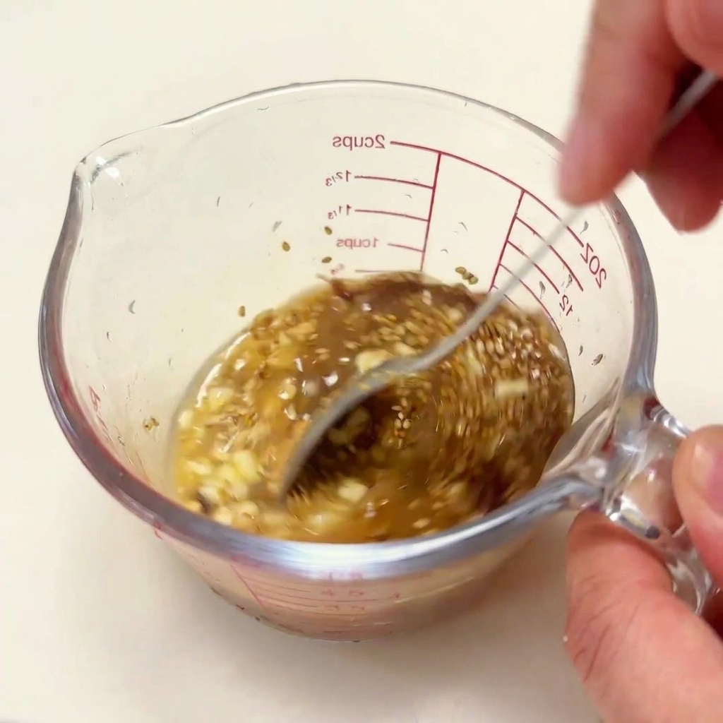 A hand stirring a mixture of hot broth, miso, and seasonings in a glass measuring cup with a metal spoon.