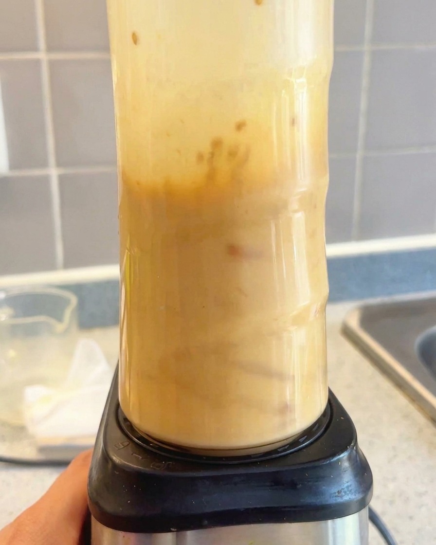 A creamy, smooth ramen soup base inside an electric blender jar after being blended.