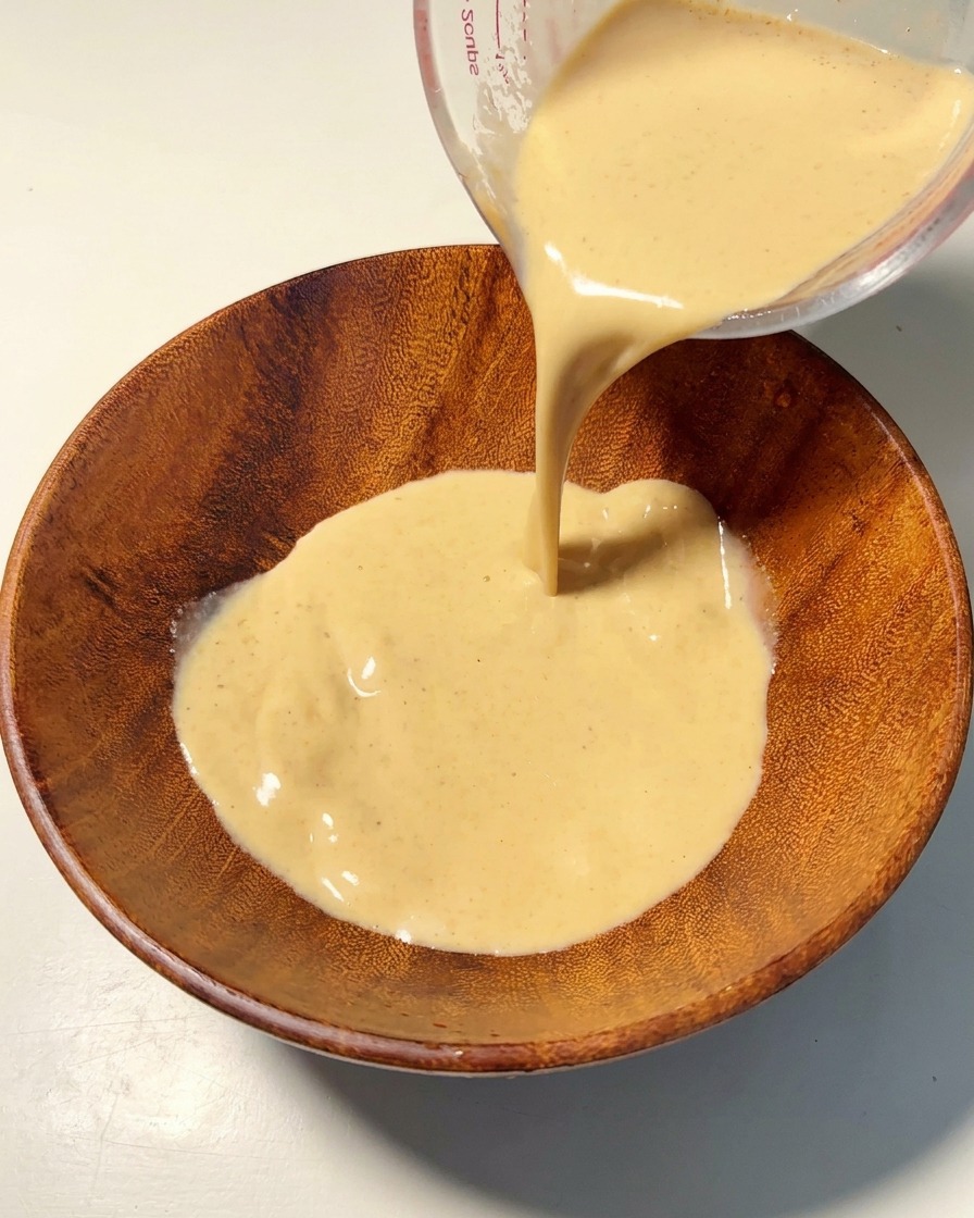 Creamy soup base being poured from a clear measuring cup into a wooden bowl.