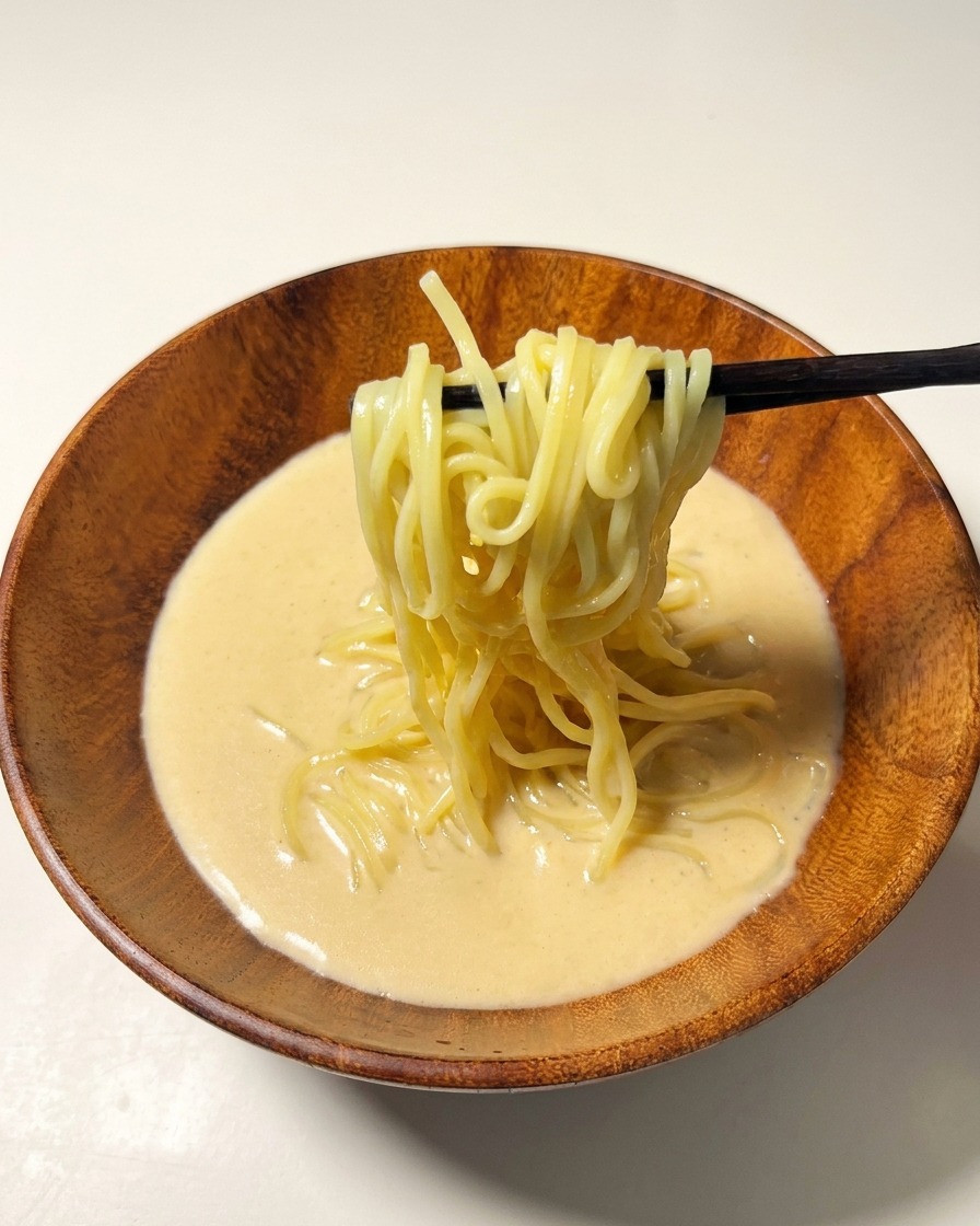 Cooked ramen noodles being lifted and folded into the creamy broth with dark chopsticks.