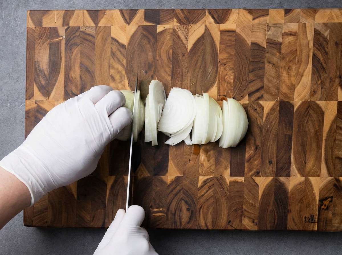 Gloved hands slicing a white onion into thin strips using a chefs knife on a patterned wooden cutting board.