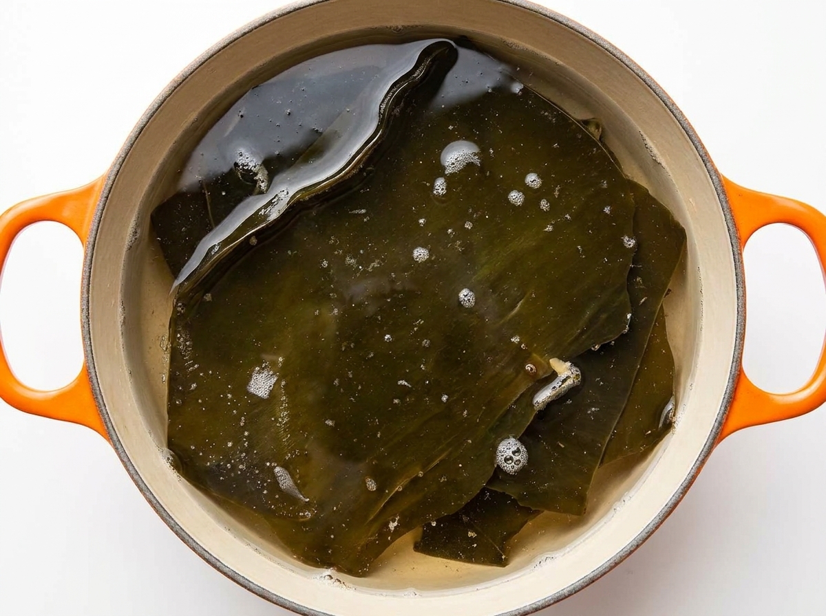 A large piece of dried kelp simmering in a pot of water.