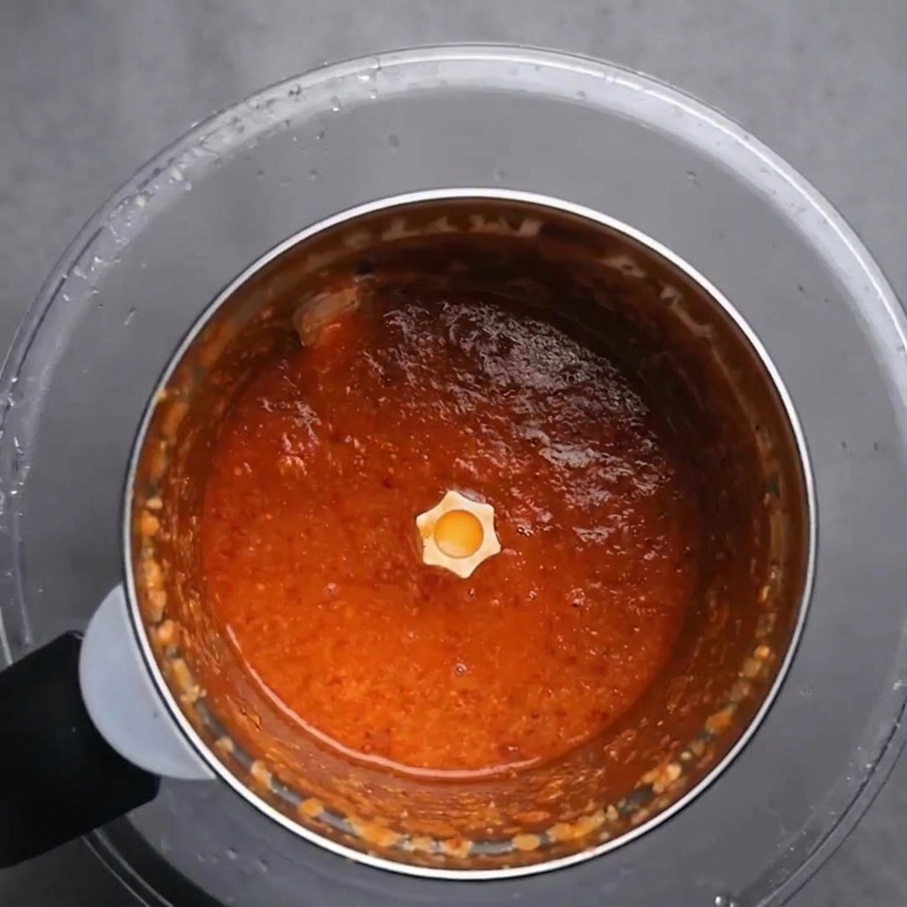 Top-down view of a blender bowl containing a deeply colored, smooth red chili puree.