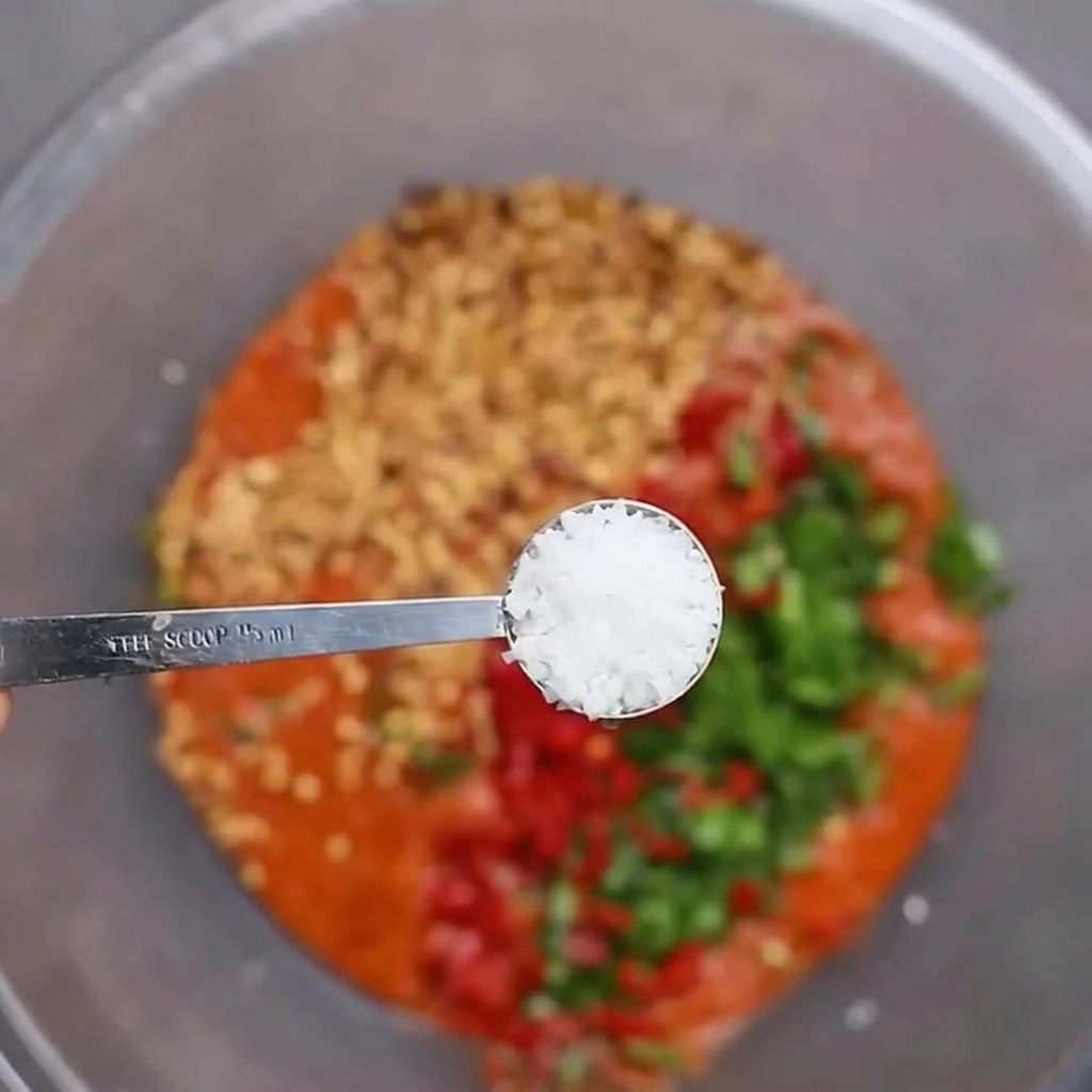 Adding a spoonful of sea salt into a bowl filled with pureed red chili paste, chopped fresh chilies, and garlic.