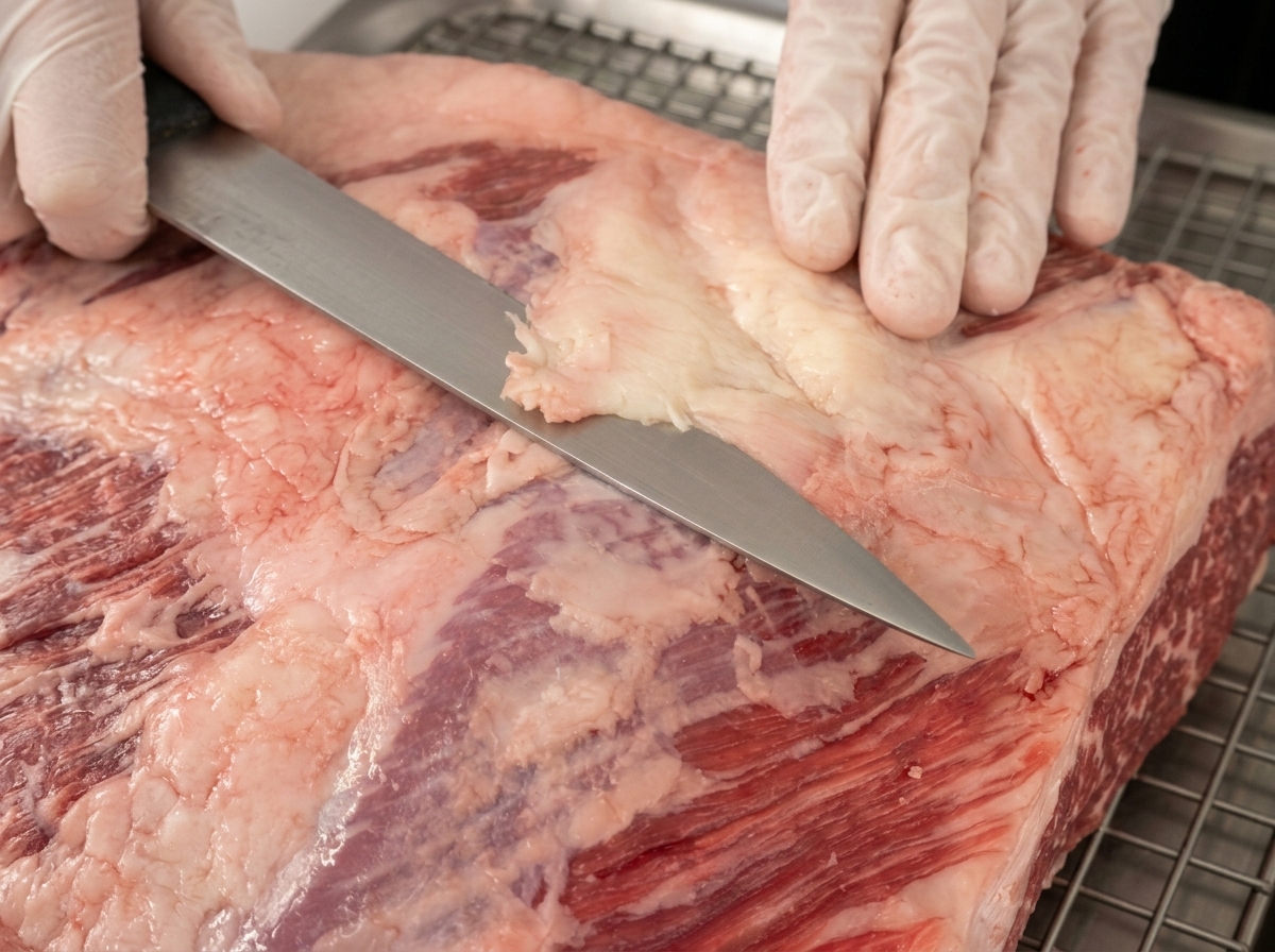 Chef using a knife to slice off thick exterior fat from a raw rack of beef ribs.