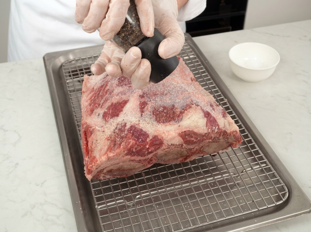 Chef grinding fresh black pepper onto a rack of raw beef ribs on a wire rack.