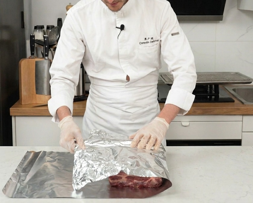 Chef tightly wrapping a seasoned rack of beef short ribs in aluminum foil on a kitchen counter.