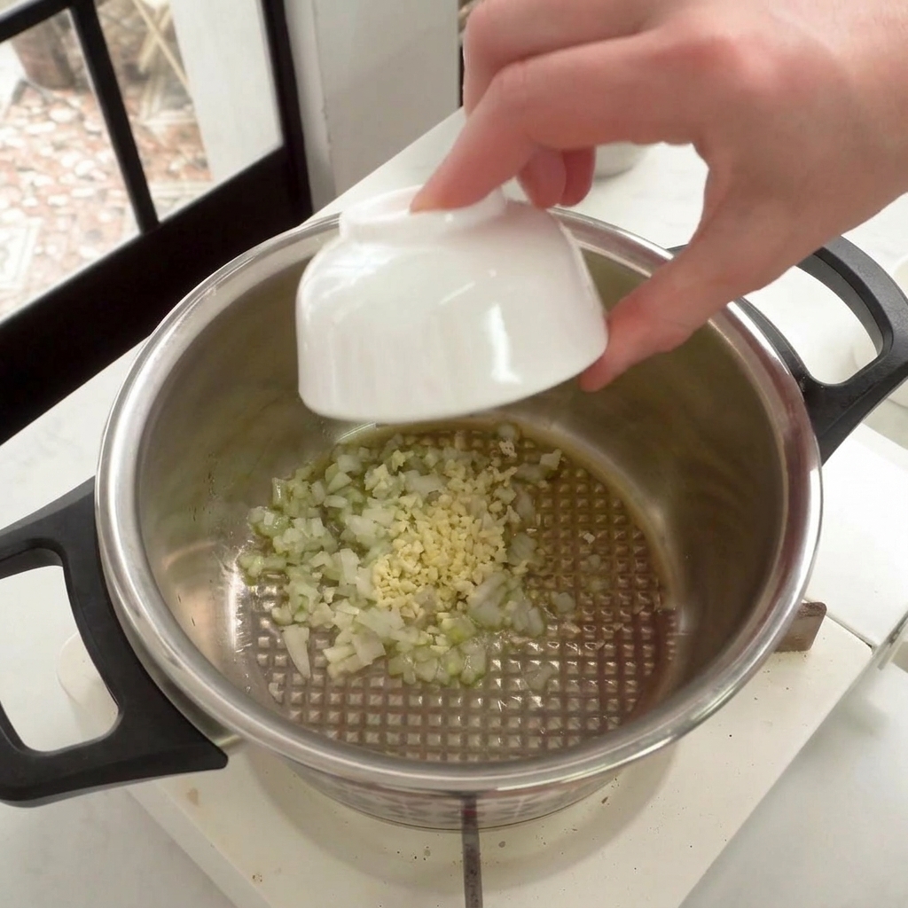 Hand pouring minced white onion and garlic from a small white bowl into a stainless steel pot.