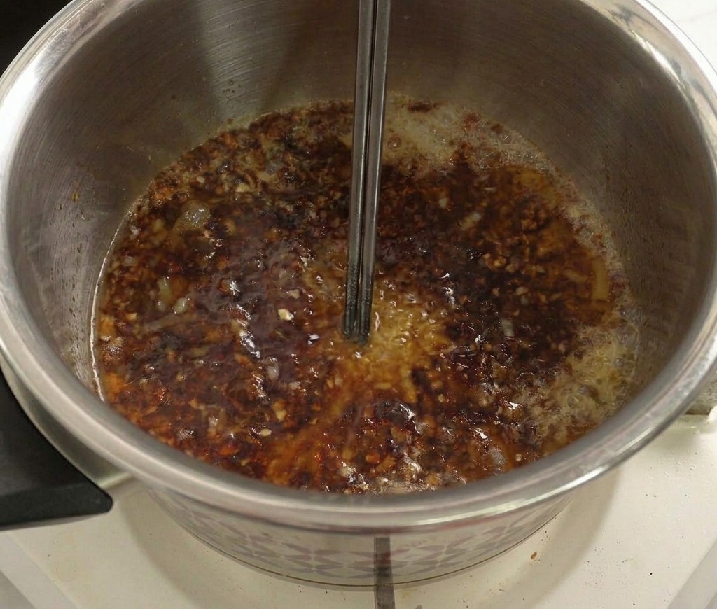 A dark, bubbling liquid mixture simmering in a stainless steel pot, being stirred with long metal chopsticks.