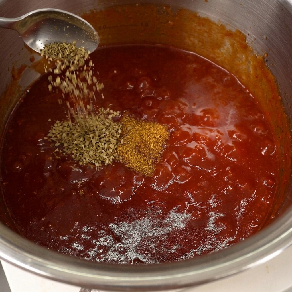 A spoon dropping dried oregano and cumin powder into a thick, simmering red barbecue sauce inside a pot.