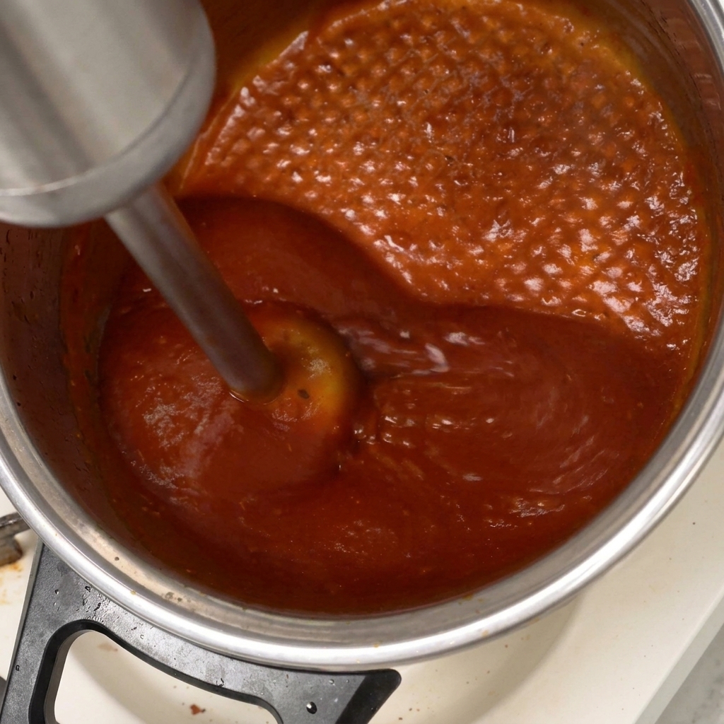 A stainless steel immersion blender pureeing a thick, vibrant red barbecue sauce inside a cooking pot.