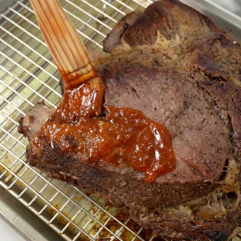 A basting brush spreading a generous layer of thick red barbecue sauce over a large, roasted beef short rib on a wire rack.