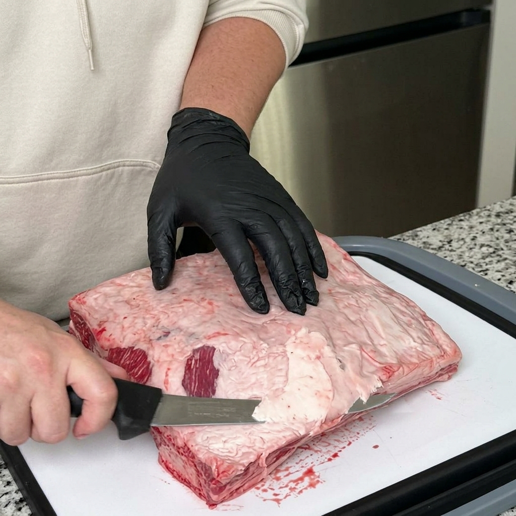A person wearing black gloves using a sharp knife to trim fat from the edge of a large, raw beef rib rack.