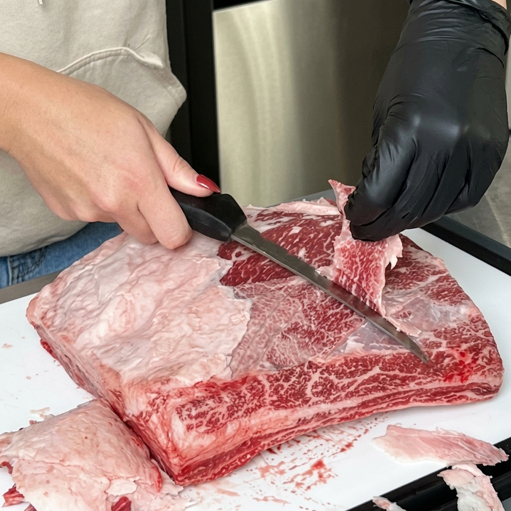 Close-up of hands peeling back a thin layer of silver skin and fat from the top of the beef ribs.