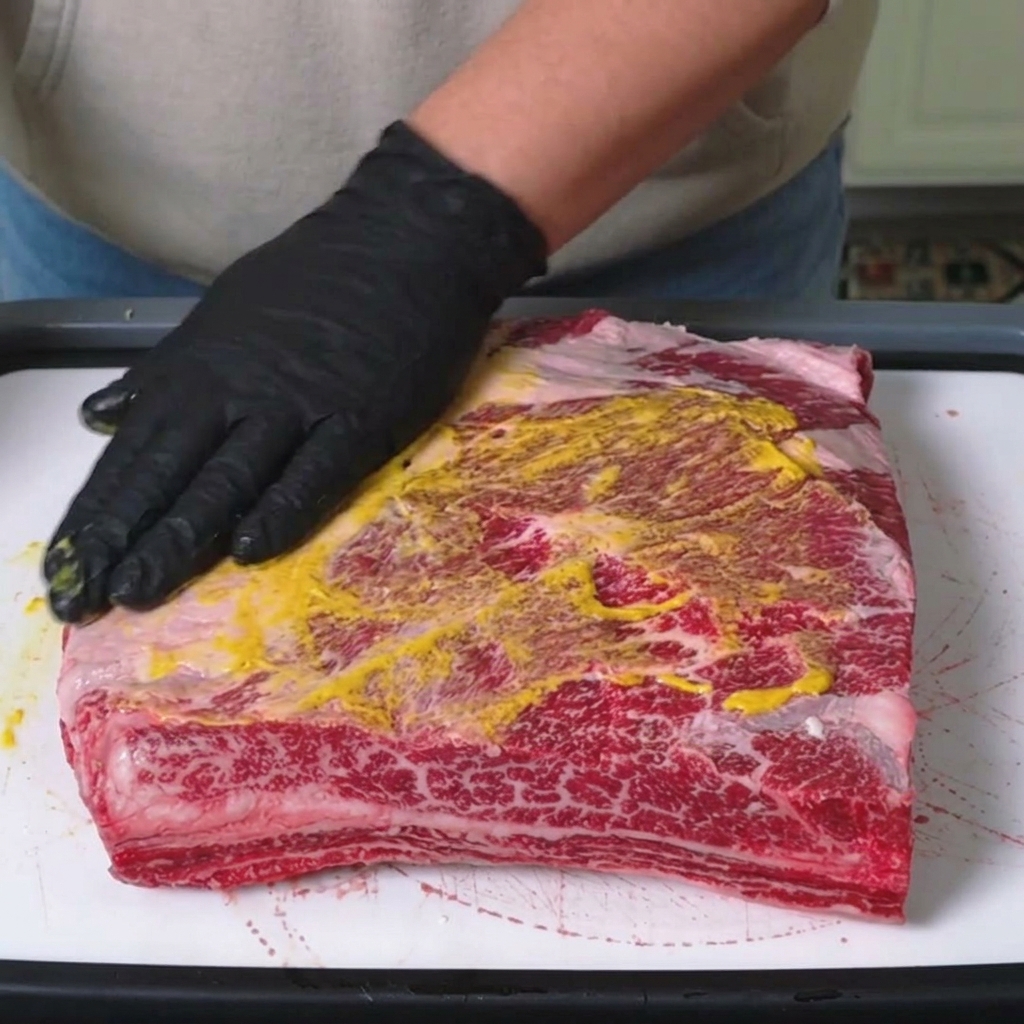 A gloved hand rubbing bright yellow mustard over the surface of a raw beef rib rack.