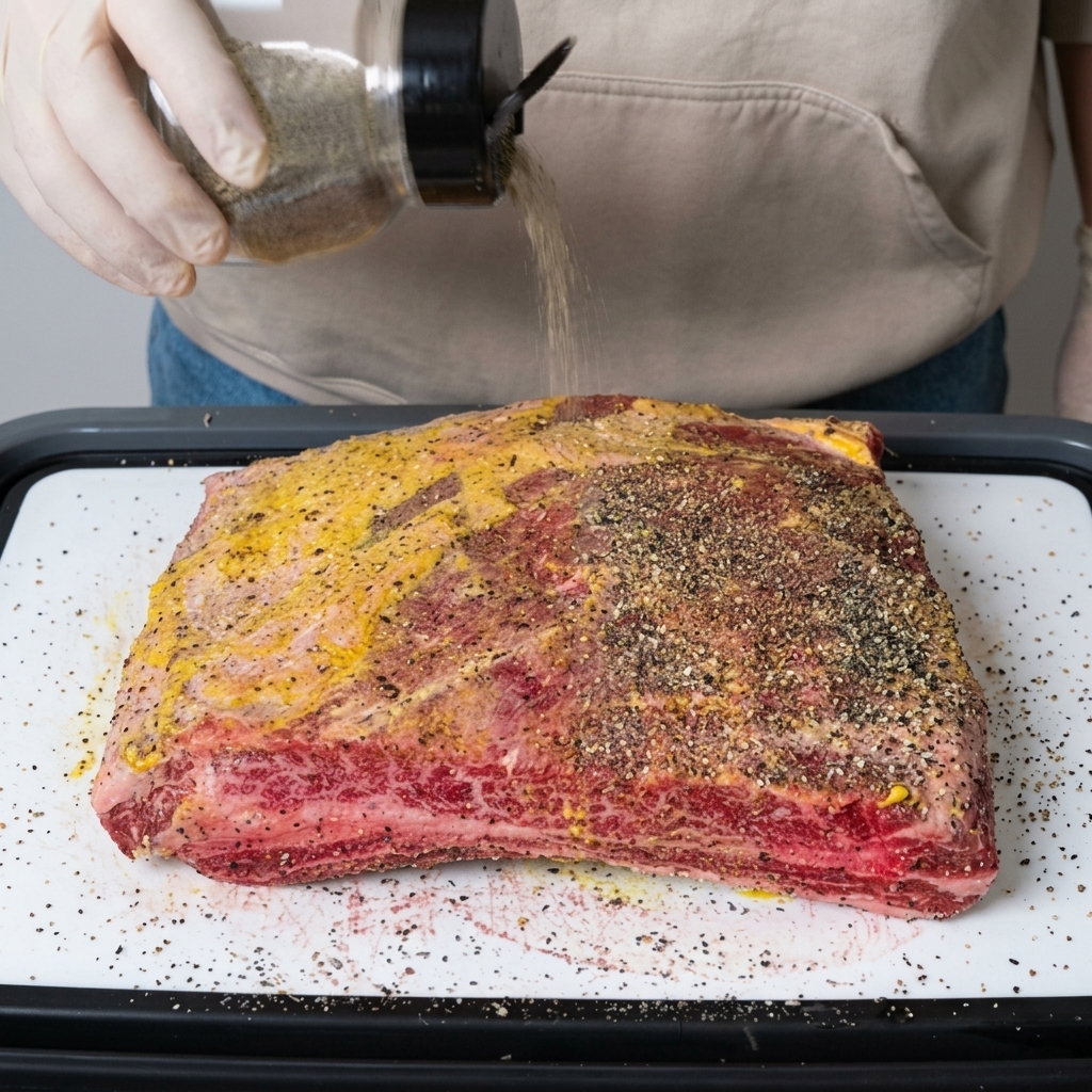 Coarse black pepper and salt being sprinkled from a shaker onto a mustard-coated rack of beef ribs.