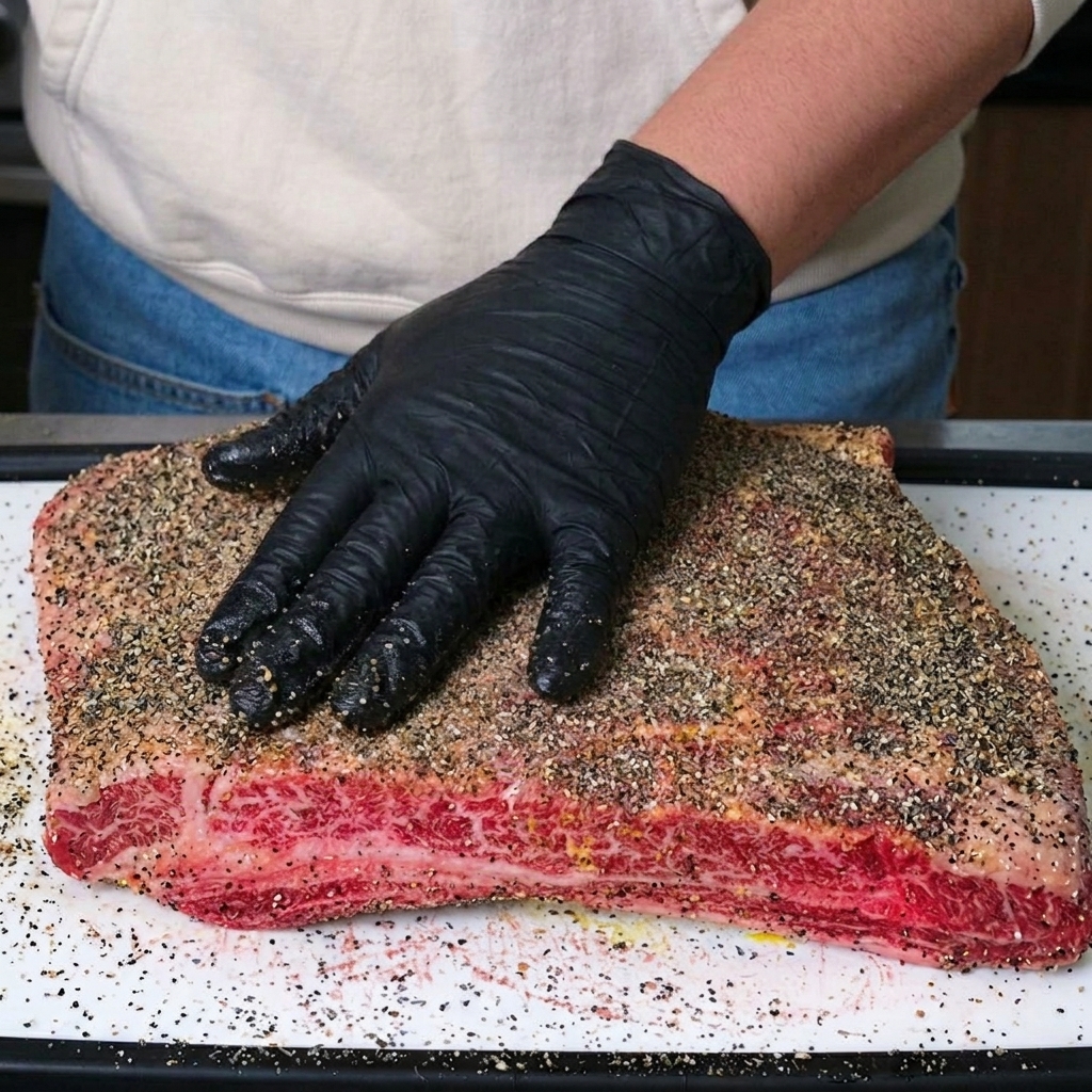 A black-gloved hand pressing down on the seasoned beef ribs to adhere the salt and pepper.