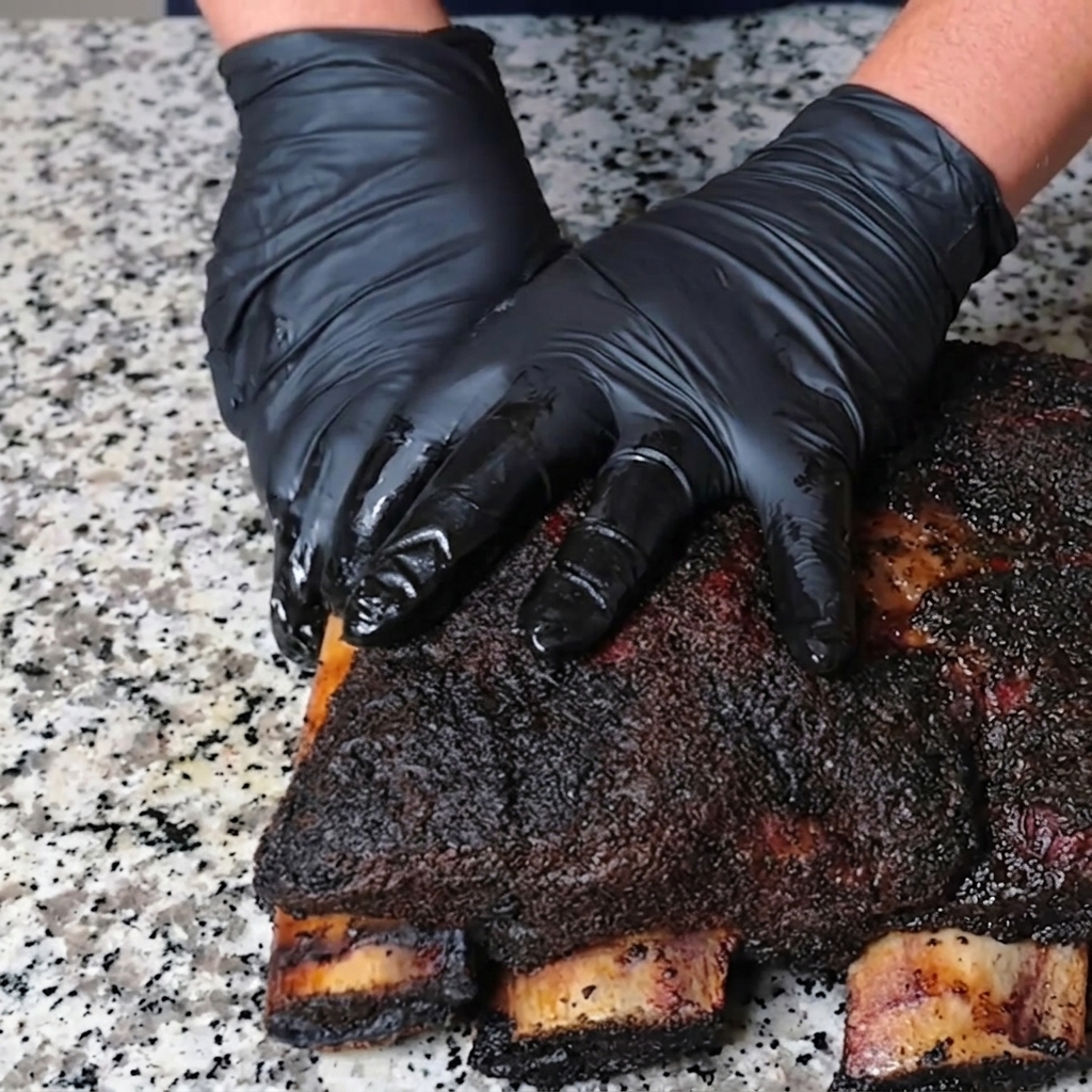 Black-gloved hands gently resting on the dark, heavily barked surface of thick smoked beef ribs on a speckled countertop.
