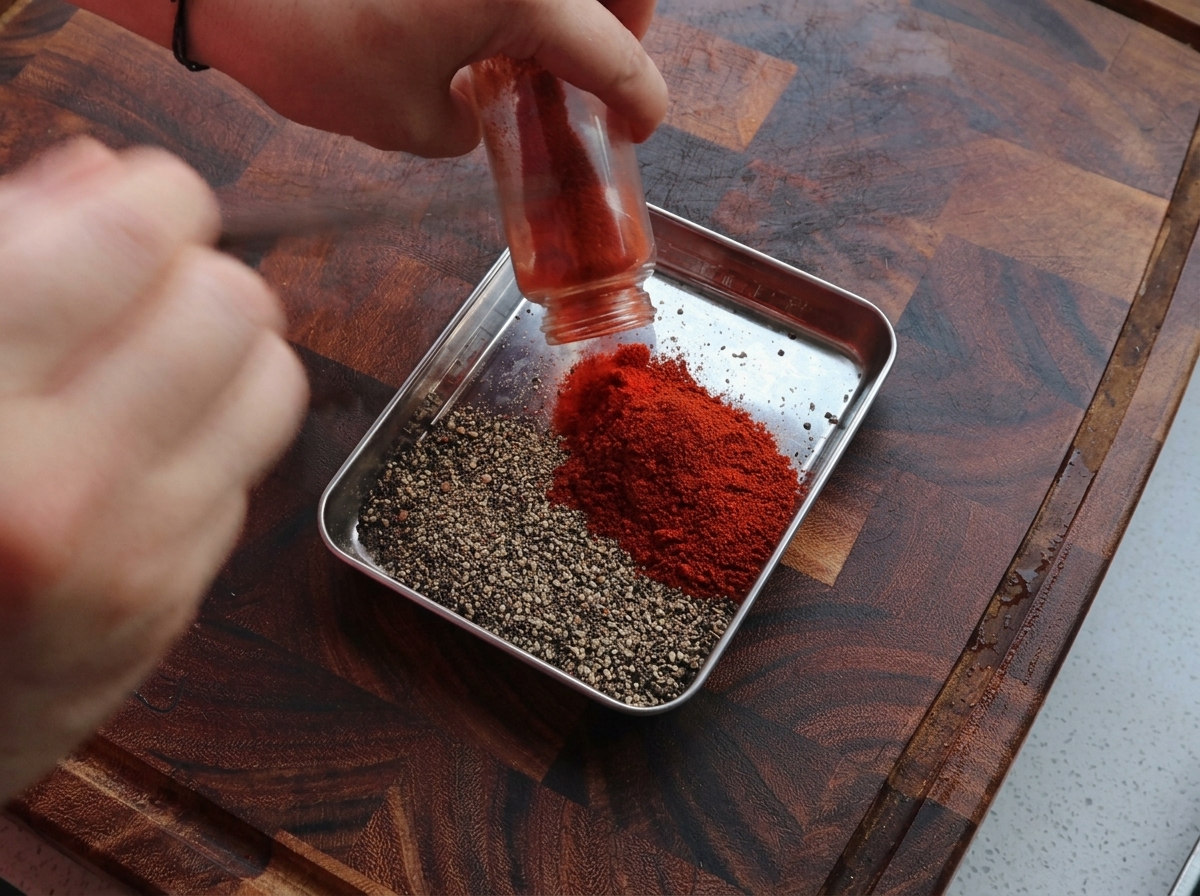 Hands pouring red smoked paprika from a small jar into a metal tray containing coarse black pepper.