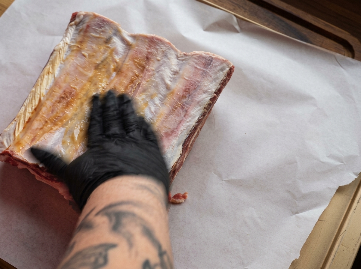 A person wearing black gloves rubbing a liquid binder of mustard and Worcestershire sauce over a large cut of raw beef ribs.