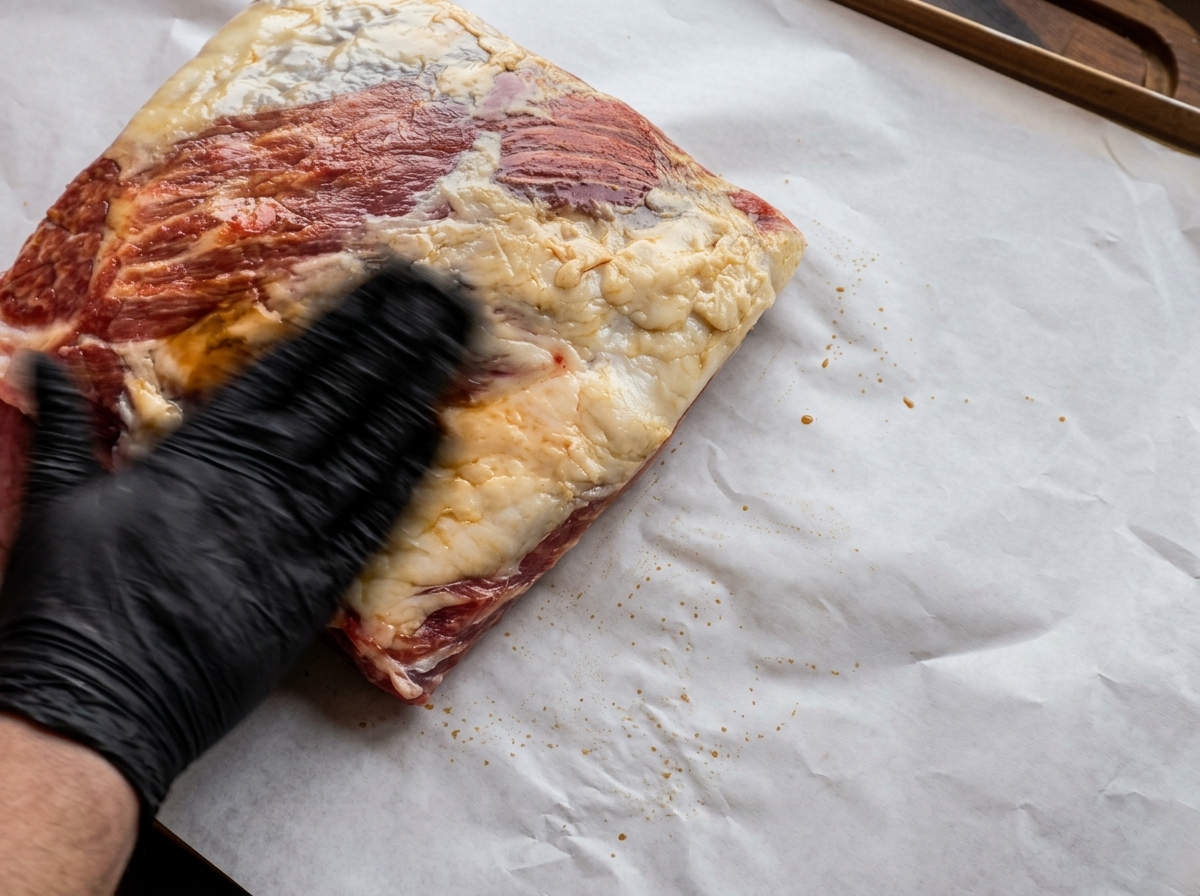 Gloved hand rubbing a layer of yellow mustard and dark sauce over a large cut of raw beef rib on parchment paper.