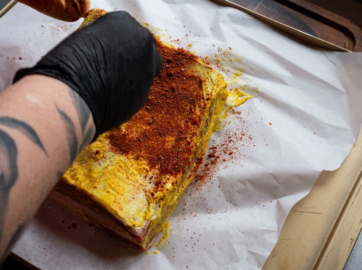 Gloved hand shaking and patting a red dry spice blend onto a large beef rib coated in yellow mustard.