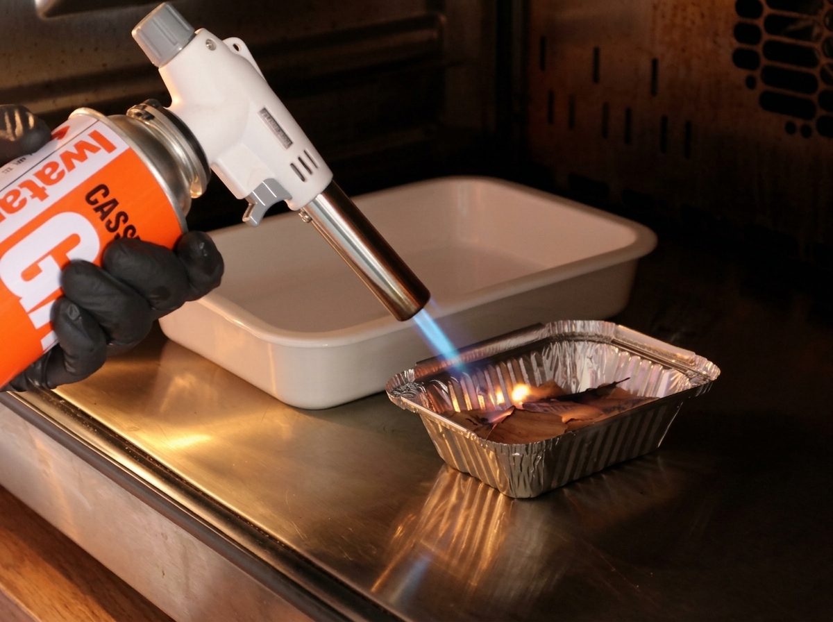 Gloved hand using a white kitchen blowtorch to ignite wood chips in a small aluminum foil tray inside an oven.