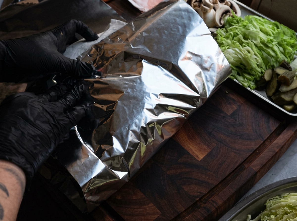 Hands wearing black gloves folding aluminum foil tightly around a parchment-wrapped cut of beef ribs.