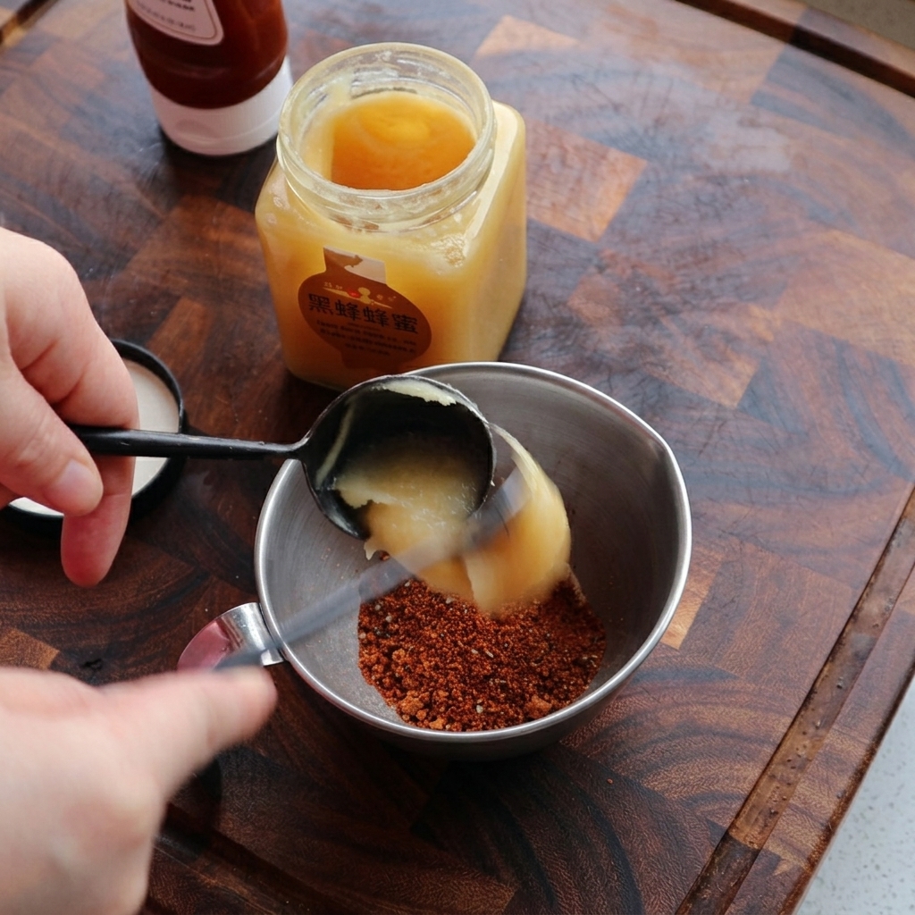 A spoonful of thick honey being added into a metal measuring cup filled with dry red spices.