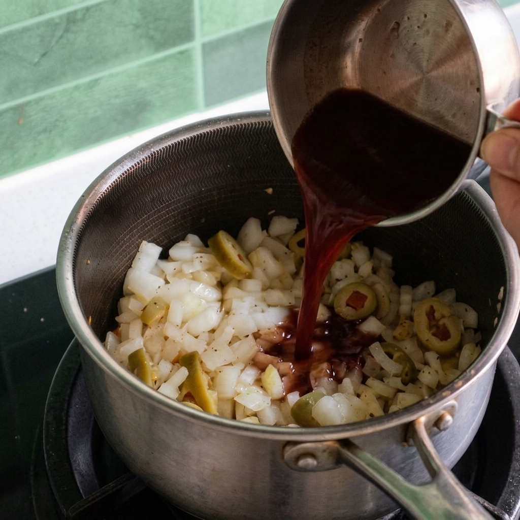 Pouring a dark red BBQ sauce mixture from a metal measuring cup into a pot of sautéed onions and sliced jalapeños.
