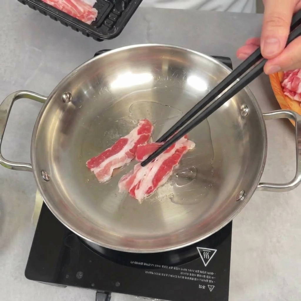 Using chopsticks to place slices of raw pork belly into a stainless steel pan.