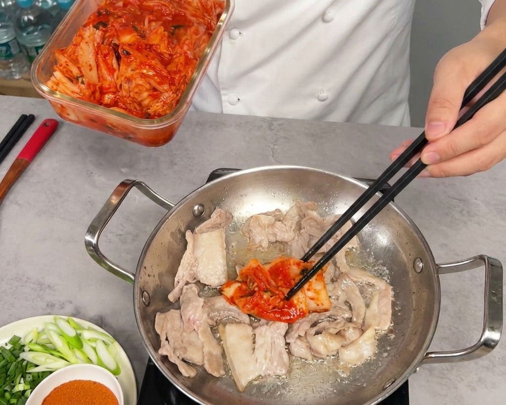 Transferring a generous portion of chopped red kimchi from a glass container into the pan with the browned pork belly.