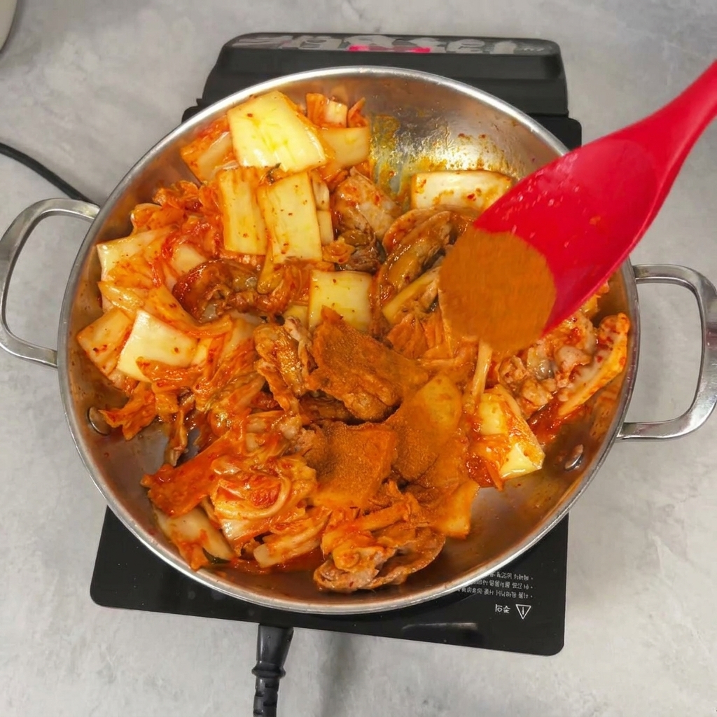 A red spatula mixing bright red chili powder into a pan of cooked kimchi and sliced pork.