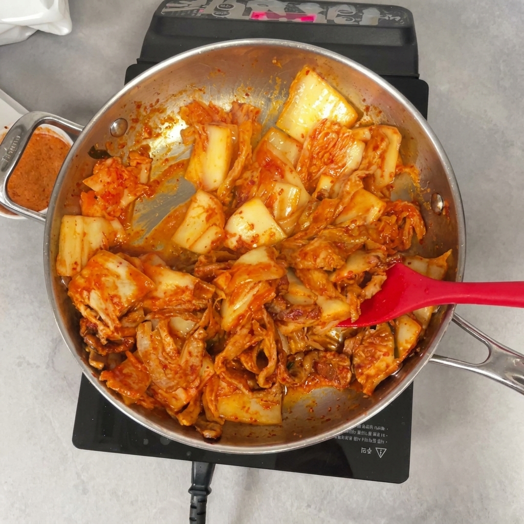 Using a red spatula to stir the mixture of pork belly, kimchi, and chili powder in a pan.