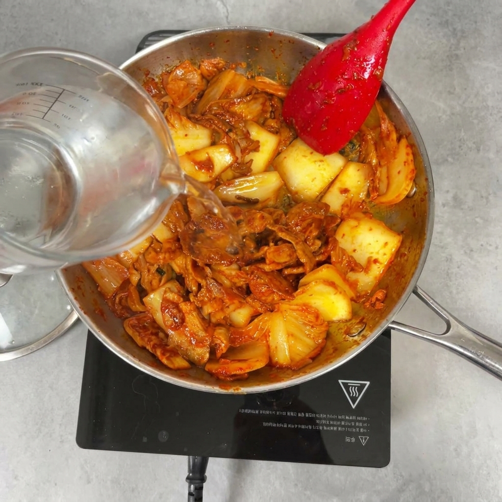Pouring water from a glass measuring cup over a spicy kimchi and pork mixture in a stainless steel pan.
