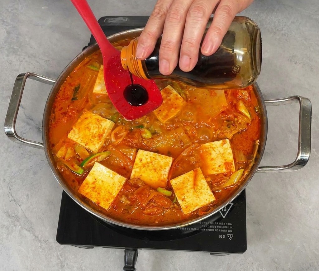 A chef pouring dark liquid seasoning from a glass bottle into a red silicone spoon held over a pan of bubbling kimchi stew.