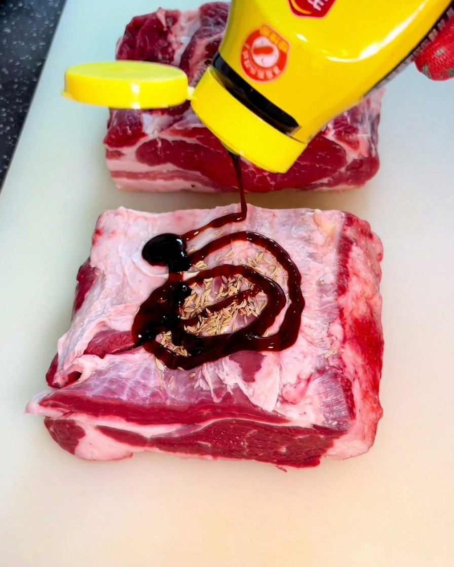 Thick dark oyster sauce being squeezed from a yellow-capped bottle onto a piece of raw beef.
