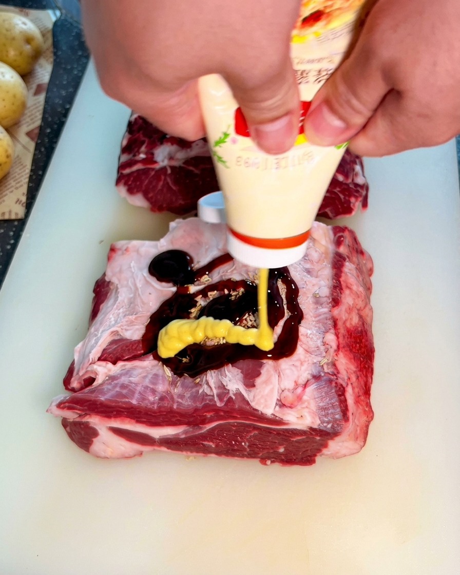 Yellow mustard sauce being squeezed from a tube over the dark oyster sauce on raw beef.