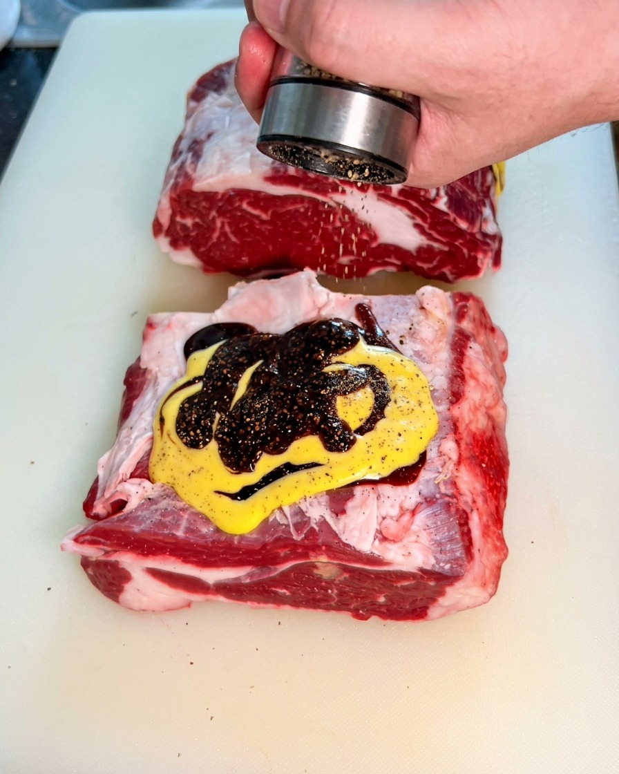 A hand using a metal grinder to sprinkle coarse black pepper and salt over the wet marinade layers on raw beef.