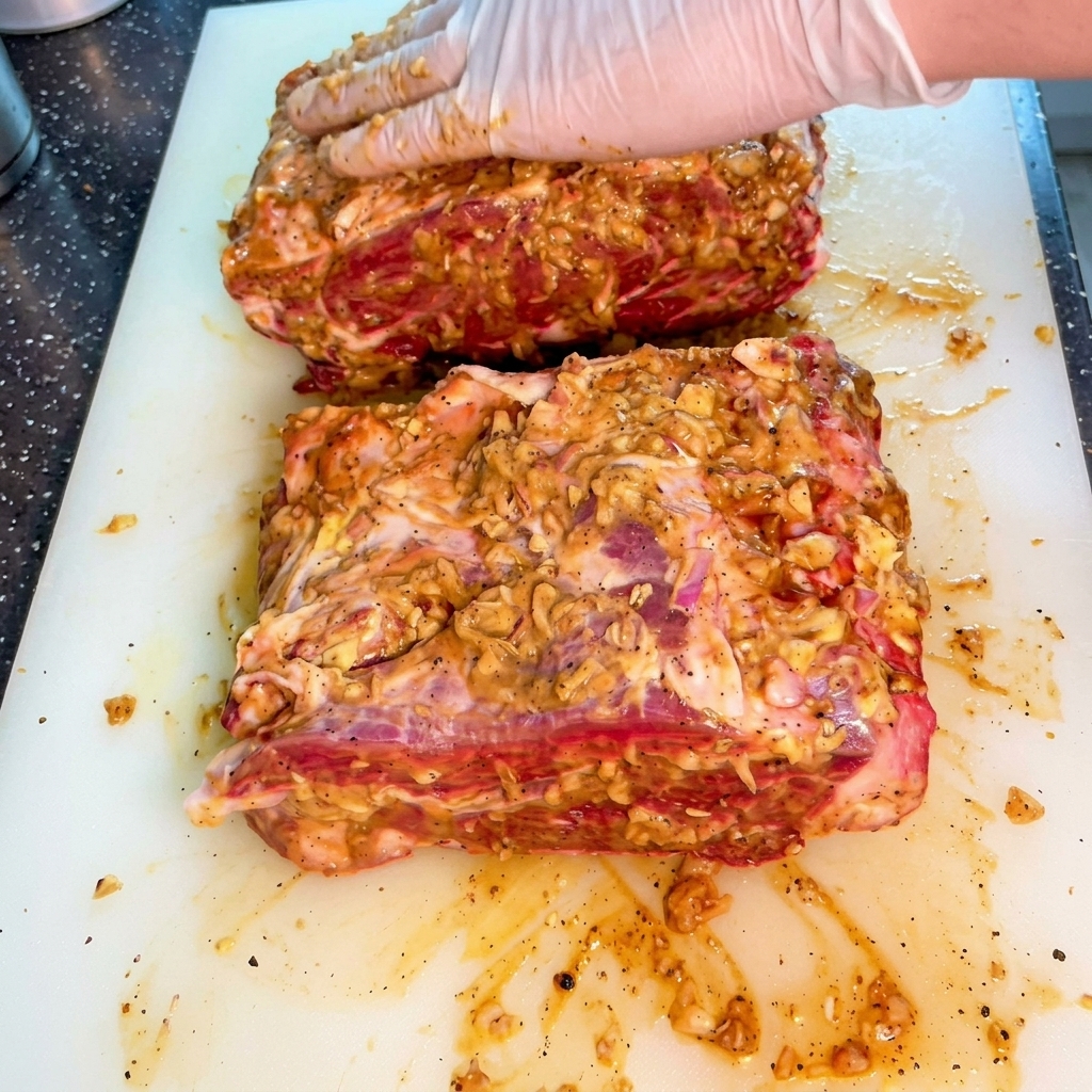 Gloved hands massaging a thick, savory marinade into large cuts of raw beef on a white cutting board.