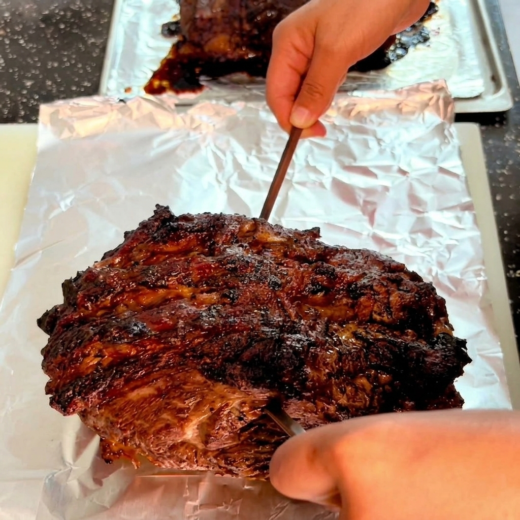 A dark, partially roasted beef chuck being poked with a metal skewer on a foil-lined tray.