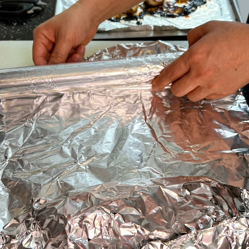 Hands unrolling a sheet of aluminum foil to wrap a roasted piece of beef.