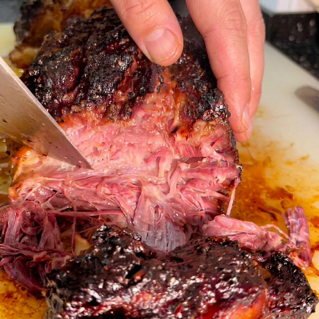A sharp knife slicing through dark roasted beef, revealing tender, pink, and juicy meat inside.