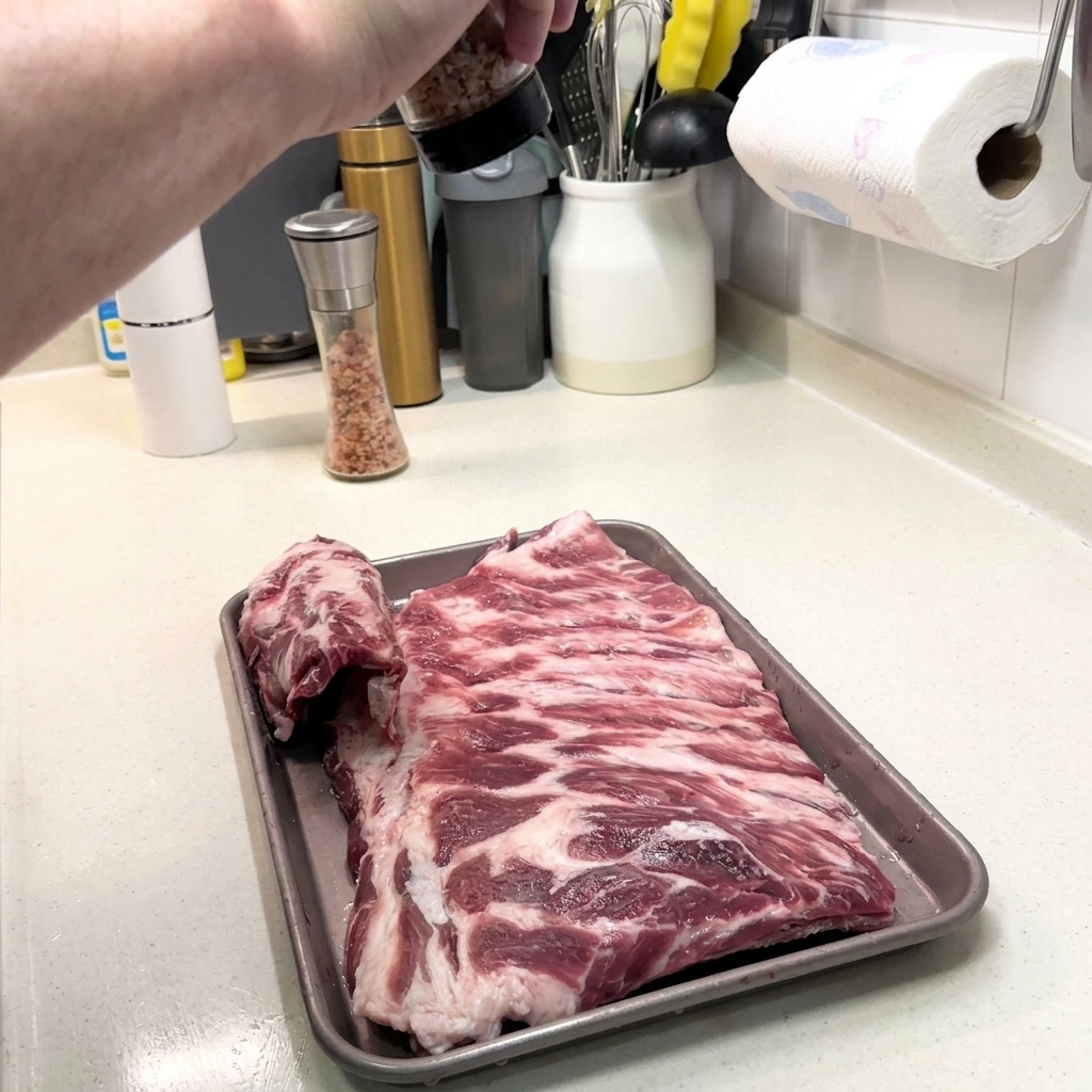 A hand using a grinder to sprinkle salt and black pepper over a large, fresh rack of raw pork ribs on a metal tray.