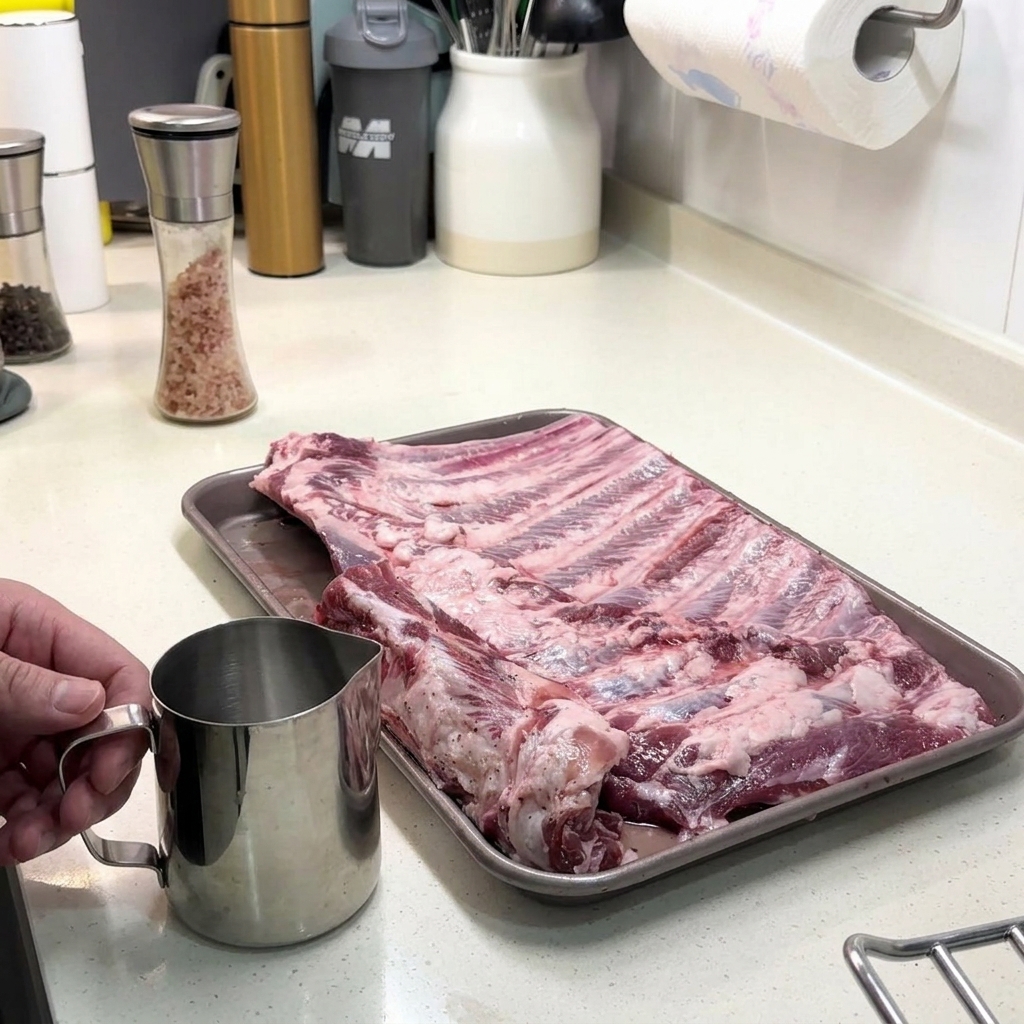 A small metal pitcher being held next to a rack of seasoned ribs, ready to pour white vinegar over the meat.