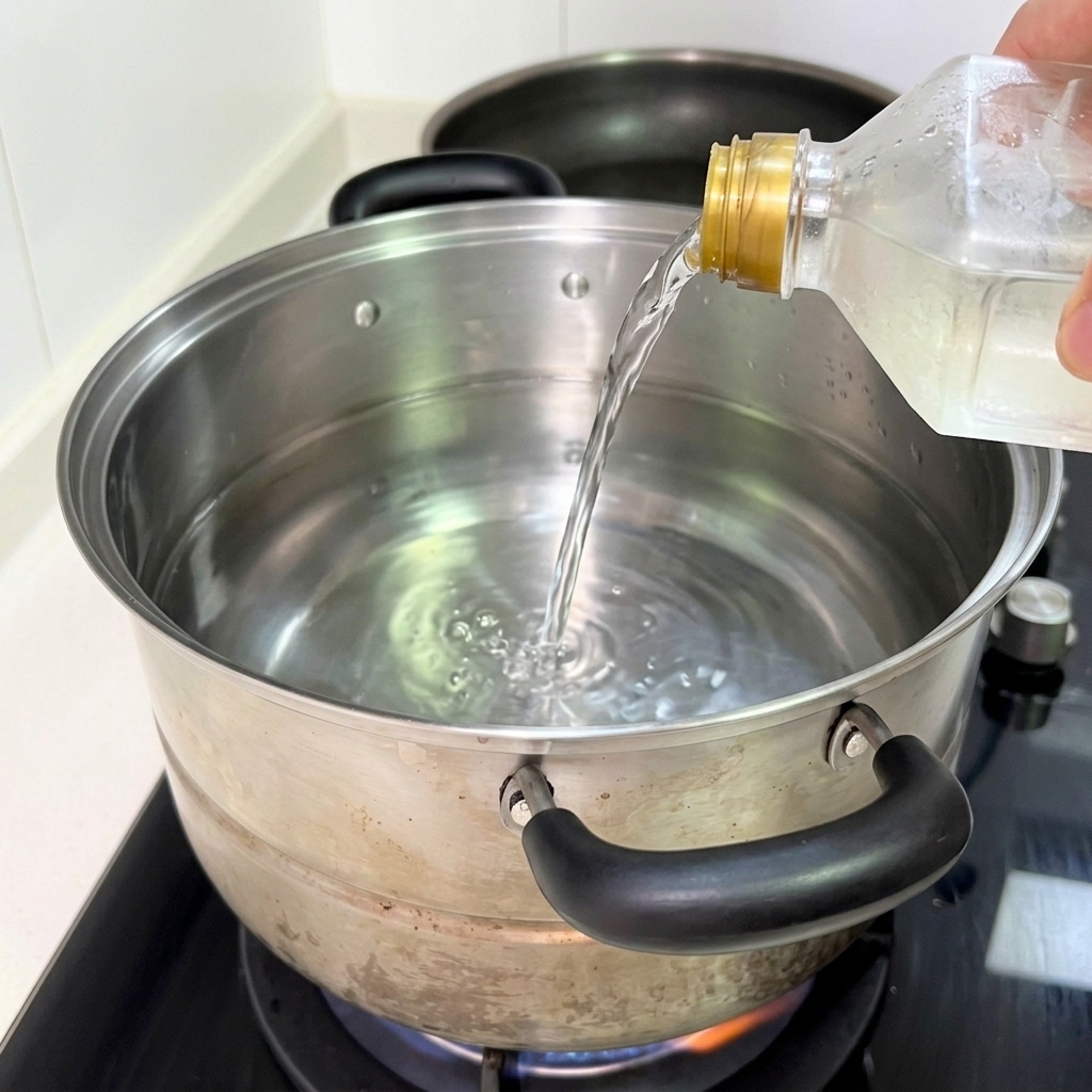 Clear liquid being poured from a plastic bottle into a stainless steel pot of water on a stovetop.