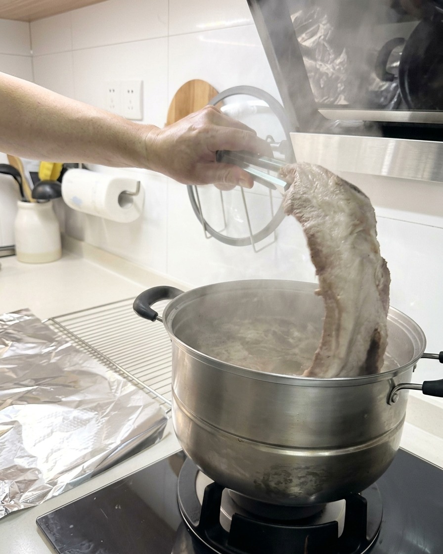 A hand using metal tongs to lift a long rack of boiled, opaque ribs out of a steaming stainless steel pot.