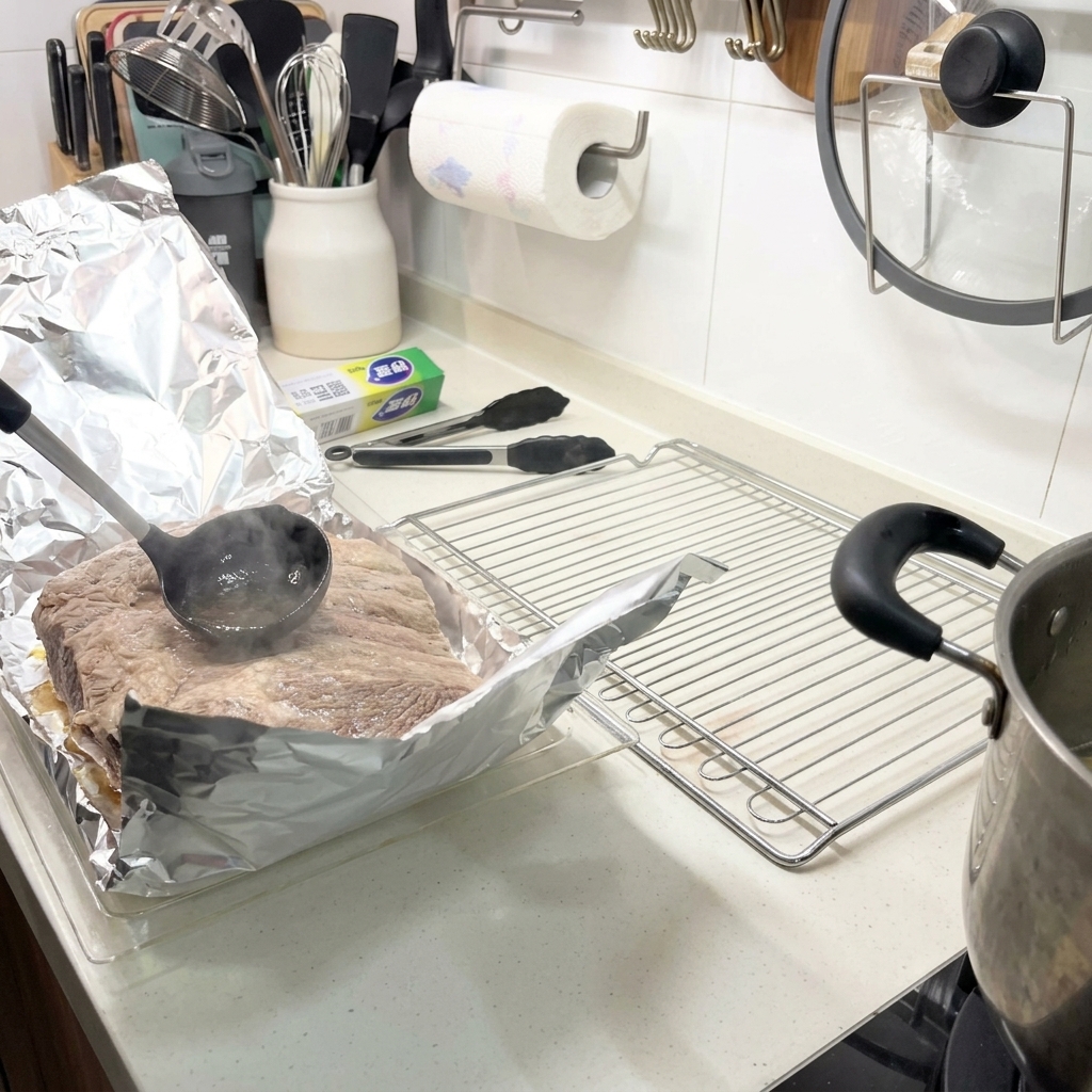 A black ladle pouring hot broth over a rack of boiled ribs resting on a sheet of aluminum foil.